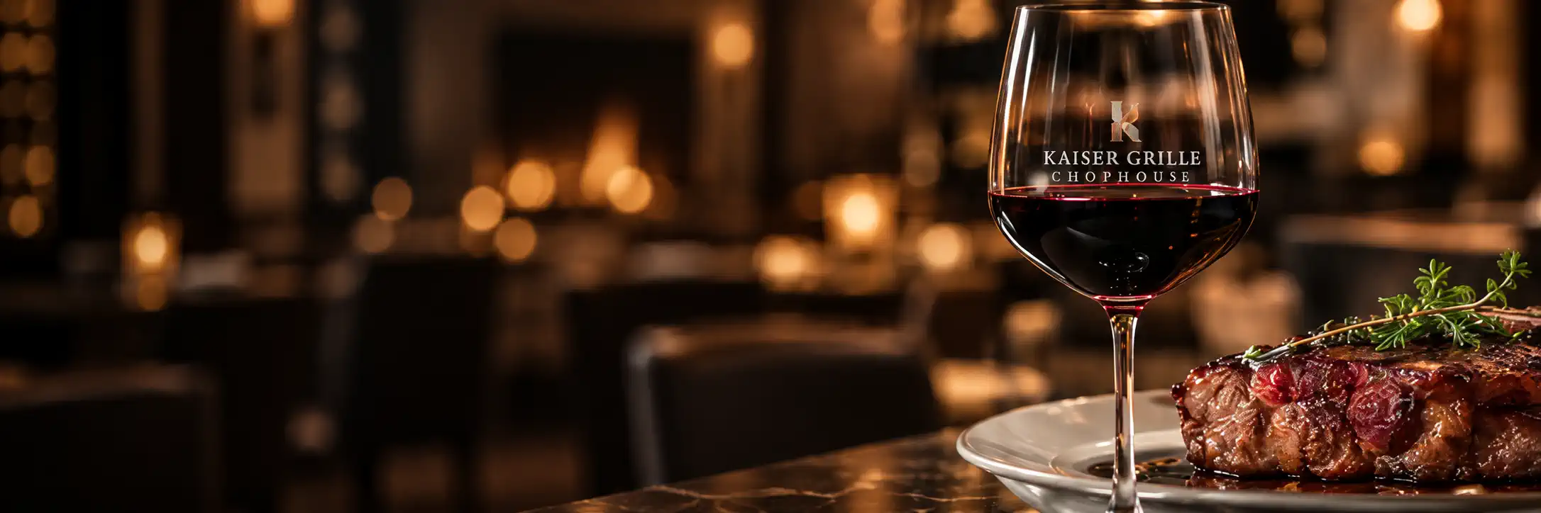 Concept photograph of a Kaiser Grille wine glass and seared steak in warm evening light
